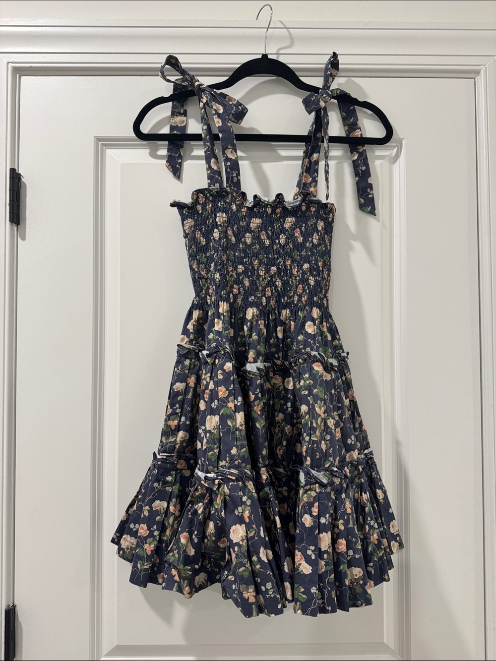 Hill House Charlotte Ribbon Nap Dress Floral Tie-Strap Mini in Bluebonnet Navy - Picture 2 of 3